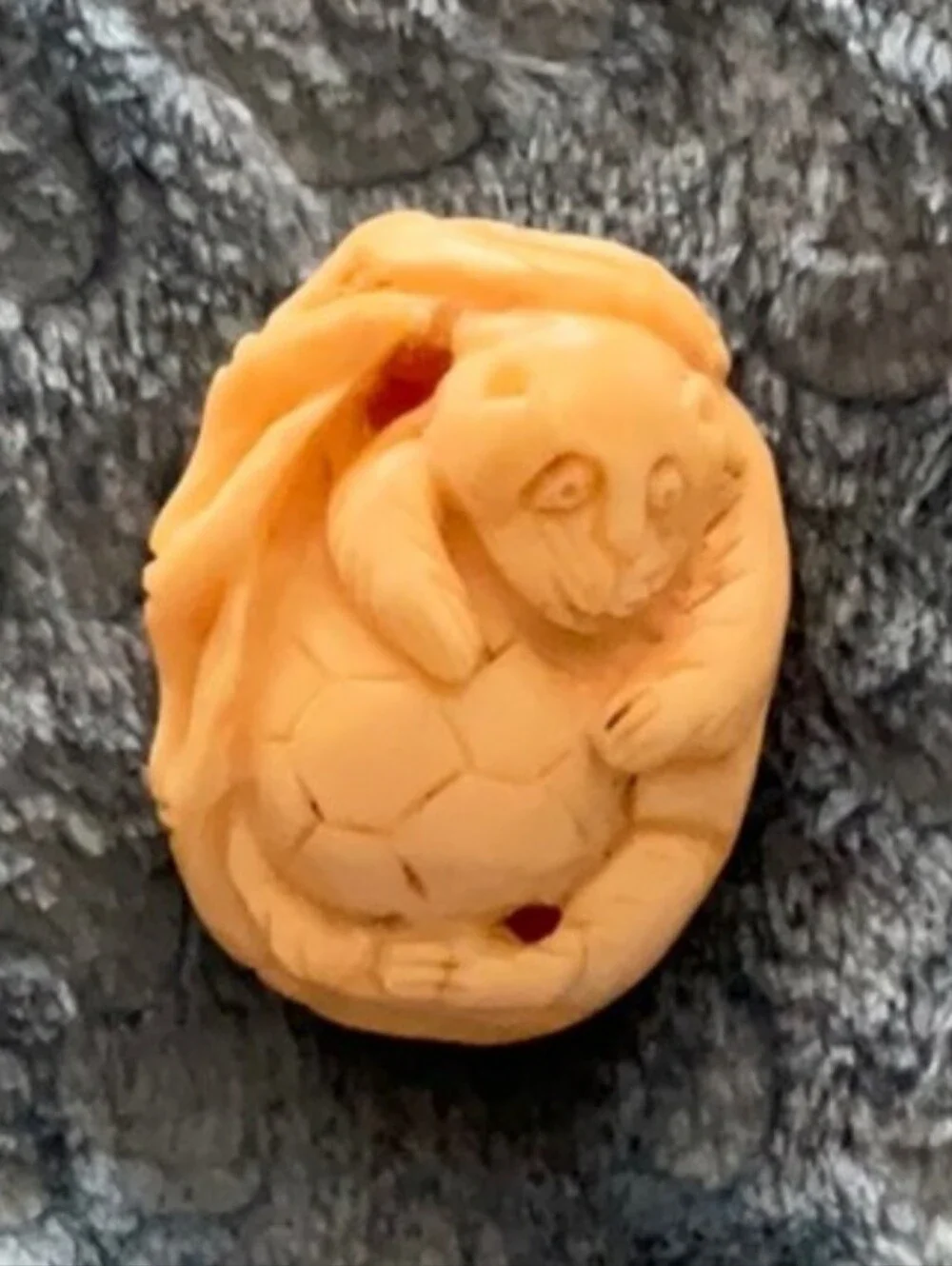 Vintage Netsuke Cat With Ball Carved Bead- Soft Cream Nest